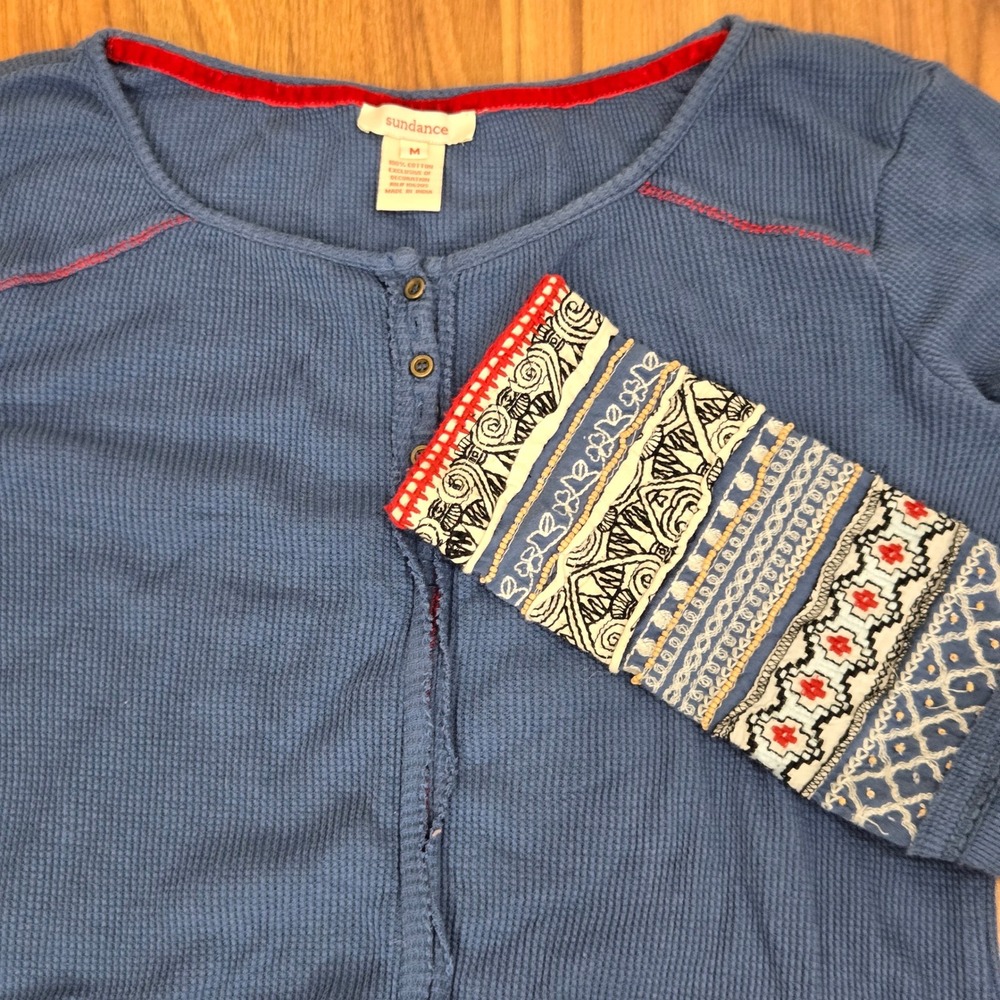 Sundance Henley Top Women M Blue Waffle Knit Embroidered Beaded Cuff Boho grunge